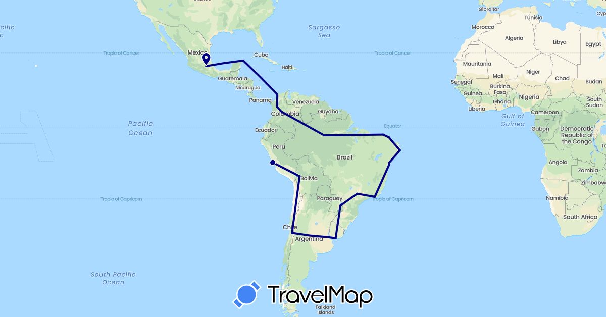 TravelMap itinerary: driving in Argentina, Bolivia, Brazil, Chile, Colombia, Mexico, Peru, Uruguay (North America, South America)